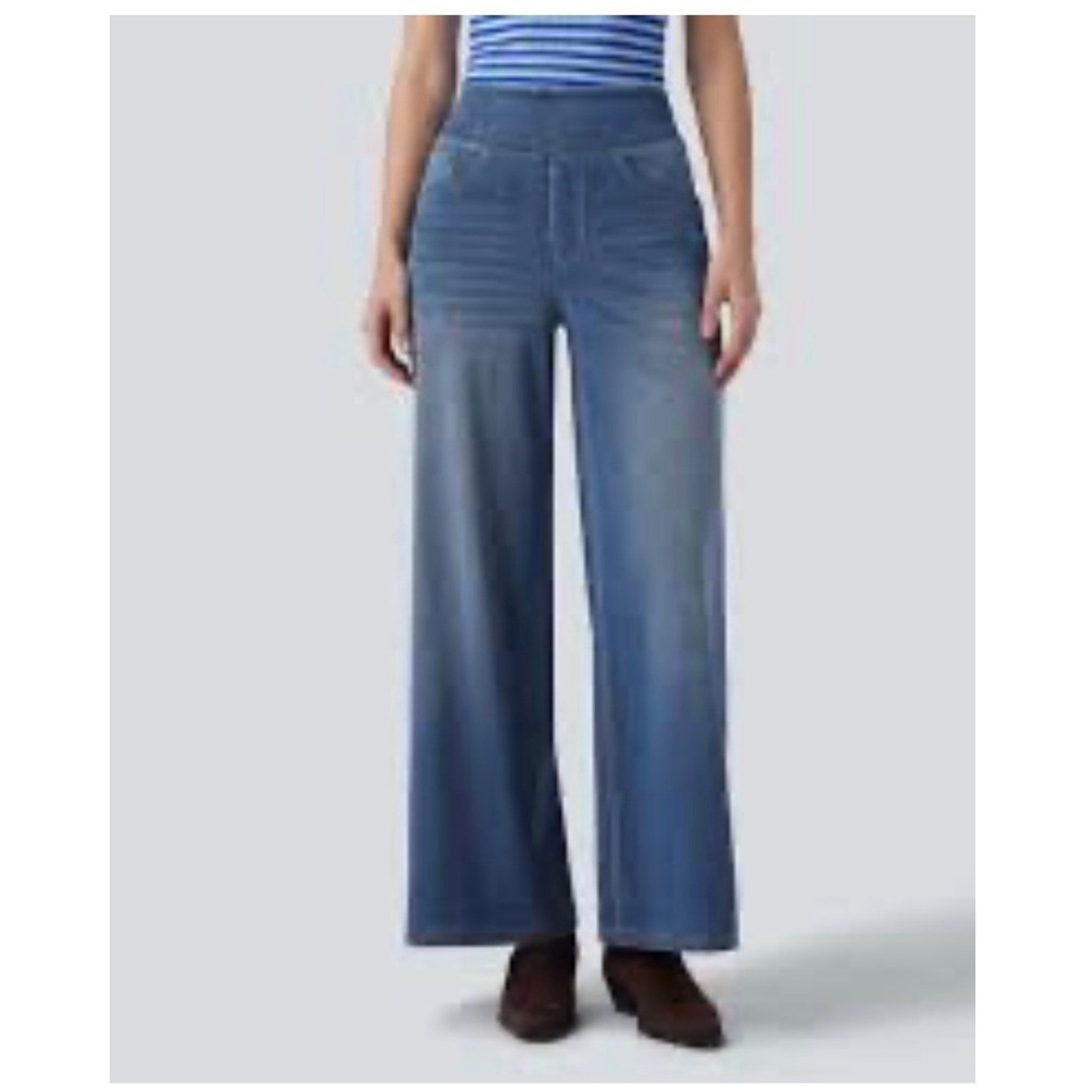 Halara Flex High Waisted Wide Leg Pull On Jeans Womens L Blue Stretch Denim